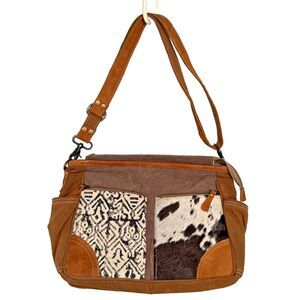 Myra Bag Brown Canvas Cowhide Boho Western Crossbody Messenger 12" x 10" EUC